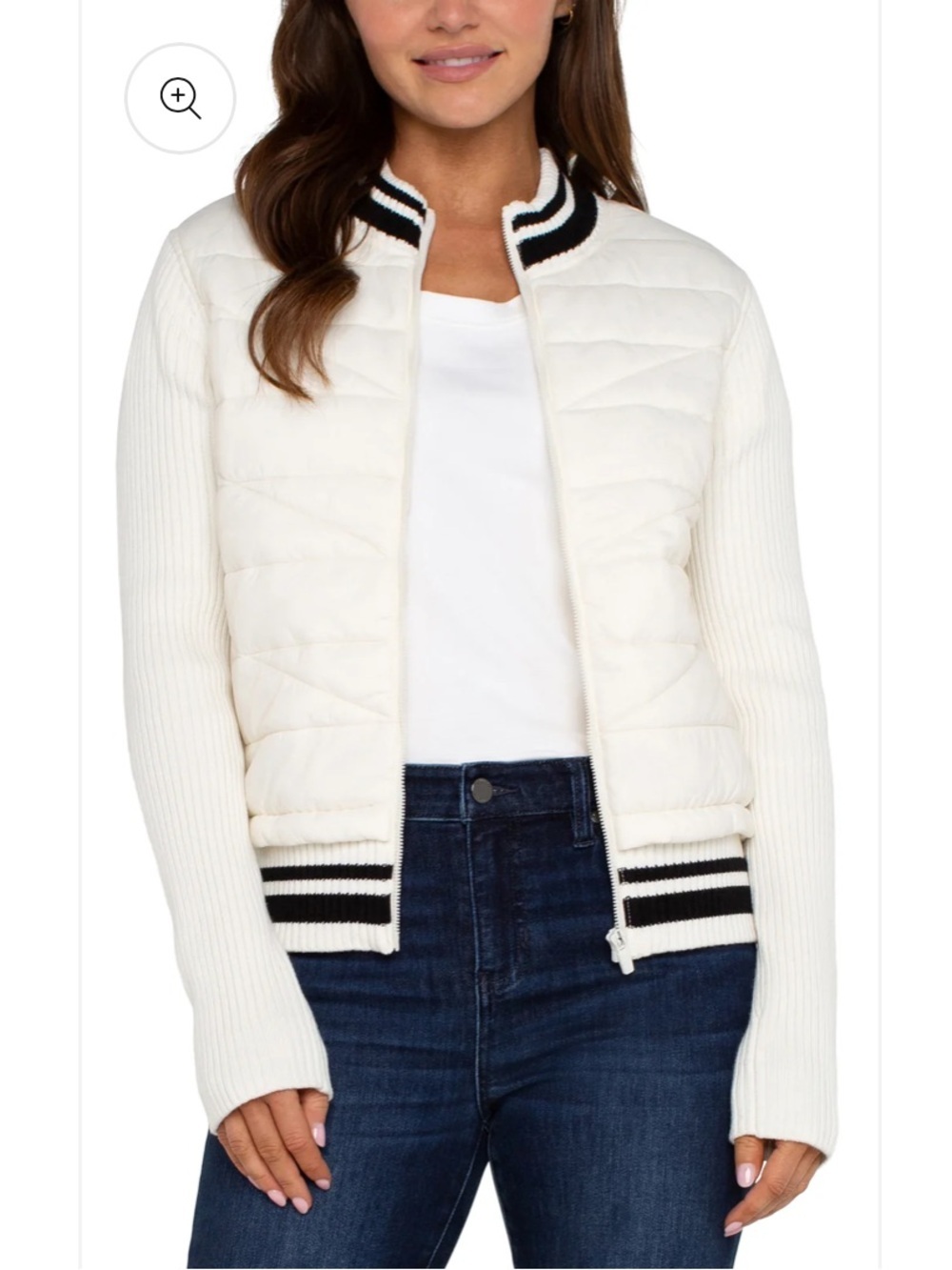 Liverpool Women's Ivory Quilted Bomber Jacket with Striped Trim